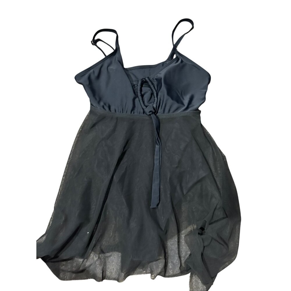 Womens Black Mesh Overlay Swimsuit Large Adjustable Straps & Ruched Front Design